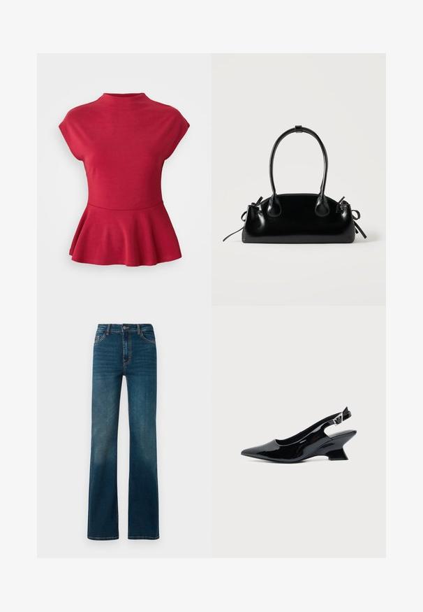 Červený peplum top s krátkymi rukávmi a stojacím golierom, so priliehavým pásom.; Tmavomodré, vysoké džíny s rovnými nohavicami. Vyrobené z denimu, s kontrastným prešívaním a klasickým dizajnom s piatimi vreckami.; Čierna lakovaná slingback topánka so špicatou špičkou a nízkym šikmým blokovým opätkom na jednoduchom svetlom pozadí.; Malá čierna lesklá kabelka s dvoma dlhými rúčkami a bočnými šnúrkovými detailmi na jednoduchom svetlom pozadí.