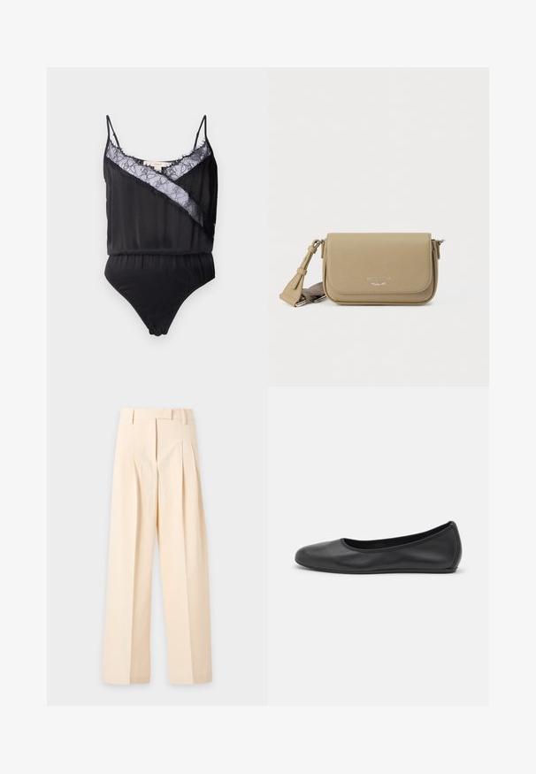 Bodysuit noir avec des bretelles fines, doté d'une superposition en dentelle et de bords effilochés le long de l'encolure et d'un panneau diagonal contrastant. Texture de tissu lisse.; Pantalon beige taille haute sur mesure avec plis, passants pour ceinture et jambes larges, étalé à plat sur un fond clair.; Ballerines en cuir noir avec un bout rond, texture lisse, détails de couture minimalistes et design de semelle flexible.; Sac bandoulière en cuir kaki avec finition texturée, fermeture à rabat, logo argenté et sangle réglable. Forme rectangulaire compacte.