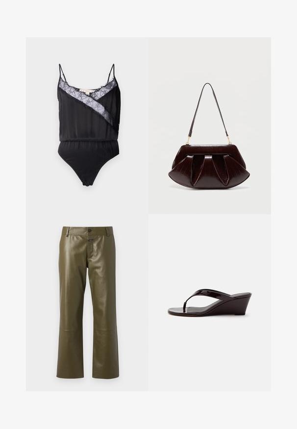 Zwart bodysuit met dunne bandjes, voorzien van een kanten overlay en rafelige randen langs de halslijn en een contrasterend diagonaal paneel. Glad textuur van de stof.; CLOSED SERANDON - Leren broek - marsh green; Bruine lakleren sleehaksandaal met teenslipperbandje en open teen, zijaanzicht tegen een effen achtergrond.; Donkerbruine leren handtas met geplooide plooien, gouden beslag en een enkele schouderriem tegen een effen lichte achtergrond.