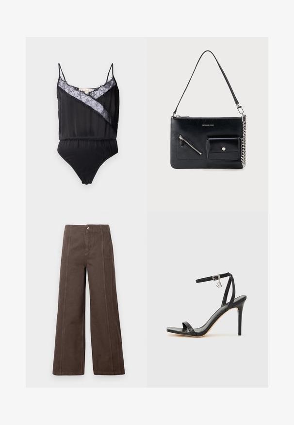 Bodysuit negro con tirantes finos, con superposición de encaje y bordes deshilachados a lo largo del escote y un panel diagonal en contraste. Textura de tela suave.; Pantalones de pierna ancha color marrón, confeccionados en una tela suave, que presentan costuras en el panel frontal y un cierre de botón metálico en la cintura.; Sandalia de tacón alto negra con una estrecha correa en el tobillo, punta cuadrada, material de cuero liso y detalle de hebilla metálica.; Bolso de hombro de cuero negro de Michael Kors con cremallera superior, bolsillo diagonal en la parte frontal con cremallera, bolsillo con solapa y botón a presión, y detalle de cadena plateada.