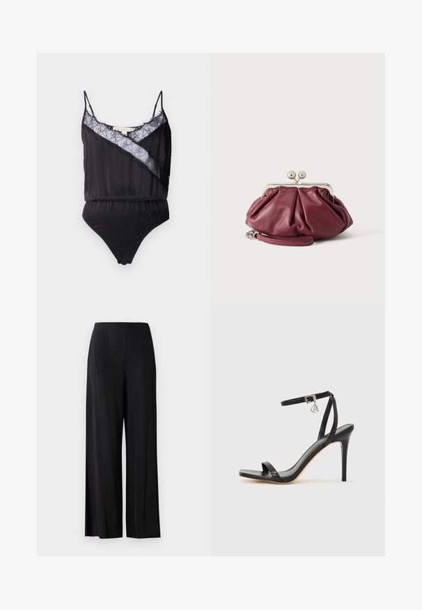 Zwart bodysuit met dunne bandjes, voorzien van een kanten overlay en rafelige randen langs de halslijn en een contrasterend diagonaal paneel. Glad textuur van de stof.; Zwarte, wijde broek van gladde stof, met een hoge tailleband en geen zichtbare zakken of hardware. Vloerlange stijl.; Zwarte sandaal met hoge hak, smalle enkelband, vierkante neus, soepel leermateriaal en metalen gespsluiting.; Kleine bordeauxrode leren clutch met zilveren metalen gesp en polsriem op een witte achtergrond.