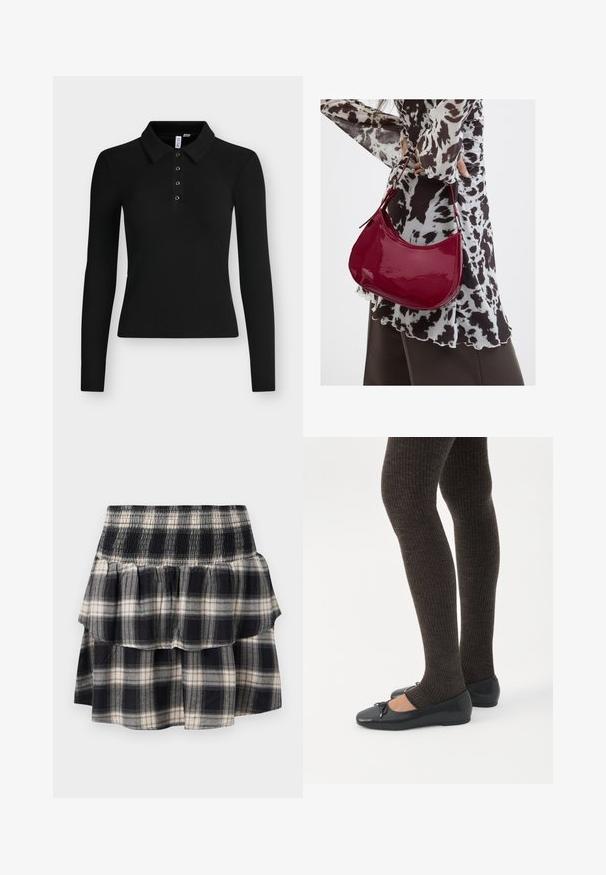 Polo negro de manga larga con canalé, cuello y cuatro botones en la tapeta delantera.; Falda de cuadros en blanco y negro con cintura fruncida. Presenta capas con volantes y una textura suave de algodón.; Piernas con leggings oscuros acanalados combinados con bailarinas negras que presentan pequeños detalles de lazo sobre un fondo blanco.; Mujer con blusa de estampado en blanco y negro sosteniendo un bolso de hombro rojo brillante sobre un fondo liso.
