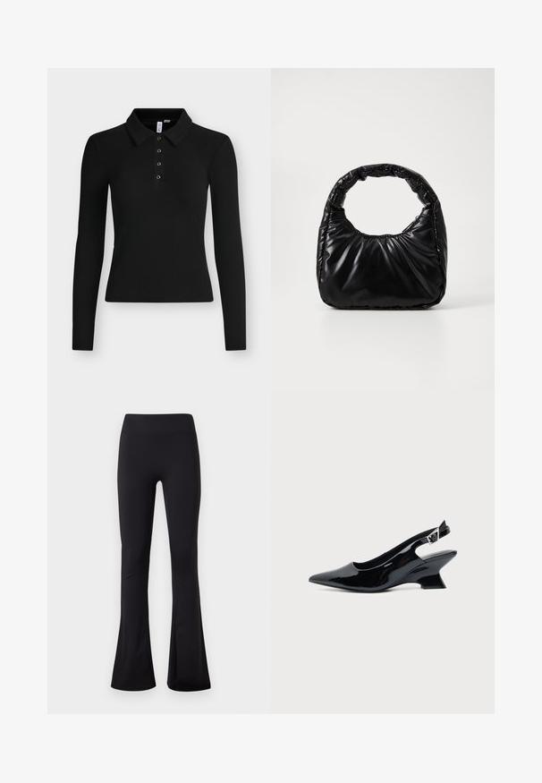 Sort langærmet ribbet polo med krave og fire knapper ned langs forstykke.; Sorte leggings med høj talje og vidde ben, lavet af glat, strækbart stof, vist på en ensfarvet hvid baggrund.; Sort laklæder slingback sko med spids tå og lav vinklet blokhæl på ensartet lys baggrund.; Sort polstret håndtaske med et rundt håndtag, der har en glat, skinnende overflade og en blød, kviltet tekstur. Ingen synlige hardware eller accenter.