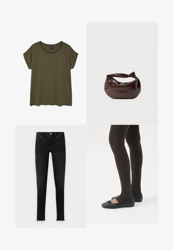 T-shirt uni vert olive à manches courtes avec encolure ronde et coupe décontractée, présenté à plat sur un fond blanc.; Jean skinny noir en denim, avec un ourlet effiloché, des poches avant et une fermeture à bouton à la taille. La texture semble lisse.; Jambes portant des leggings côtelés foncés associés à des ballerines noires avec de petits détails en nœud sur fond blanc.; Sac bandoulière en cuir marron foncé avec une forme souple et décontractée et une anse nouée torsadée sur un fond blanc uni.