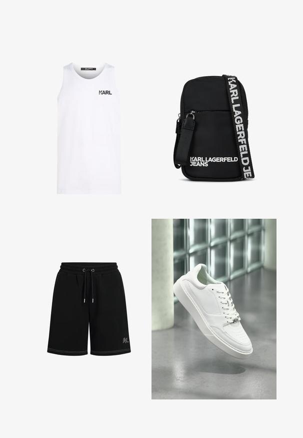 Weißes Tanktop aus Baumwolle mit rundem Halsausschnitt. Mit einem schwarzen Logodruck auf der Brust. Einfaches Design und ärmelloser Stil.; Schwarze Shorts aus weichem Stoff, mit einem elastischen Bund und Kordelzug, Seitentaschen und kontrastierenden weißen Nähakzenten.; Weißer Ledersneaker mit abgerundeter Spitze, Schnürverschluss und flacher Gummisohle. Verfügt über perforierte Details und dezentes Logo-Akzent.; Schwarze Stoff-Crossbody-Tasche mit rechteckiger Form, ausgestattet mit einer Reißverschlusstasche an der Vorderseite und einem kontrastierenden Logo-Gurt in Weiß.