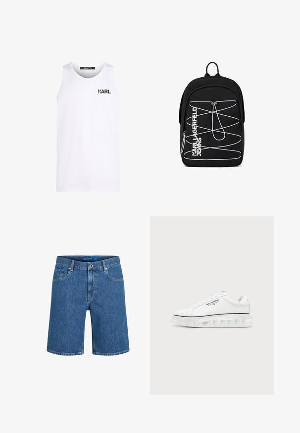 Valge puuvillane top, millel on ümmargune kaelus. Rinnal on must logo print. Lihtne disain ja ilma varrukateta stiil.; Sinised teksapüksid sirge lõikega, viie tasku ja nähtava õmblusega. Varustatud ees nööpidega sulgumise ja vöökoha sildiga.; Valge Karl Lagerfeld toss musta tekstilogoga ja läbipaistva paksu tallaga ühtlasel heledal taustal.; Must seljakott valgete elastsete nöörimustritega esiküljel, vertikaalne valge tekst "KARL LAGERFELD JEANS" ning pealmine käepide.