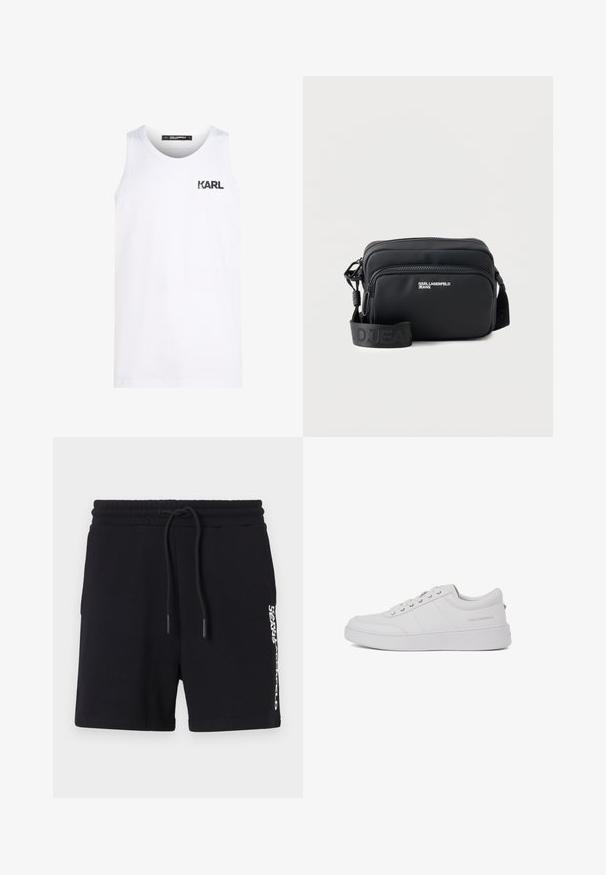 Weißes Tanktop aus Baumwolle mit rundem Halsausschnitt. Mit einem schwarzen Logodruck auf der Brust. Einfaches Design und ärmelloser Stil.; Schwarze Baumwollshorts mit einem Kordelzugbund, die auf der Seite mit einem weißen Logo-Print ausgestattet sind und eine glatte Textur aufweisen. Klassisches Design.; Weiße Leder-Sneaker mit klassischem Low-Top-Design, flacher Sohle und dezentem Markenlogo an der Ferse. Verfügt über fünf Metallösen für die Schnürsenkel.; Schwarze rechteckige Crossbody-Tasche mit zwei Reißverschlussfächern, „KARL LAGERFELD JEANS“-Logo und verstellbarem Markenriemen auf weißem Hintergrund.
