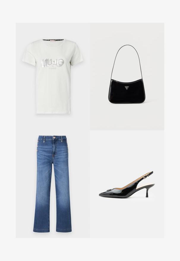 T-shirt en coton blanc à manches courtes, avec un logo en strass argenté "LIU JO MILANO" dans une police ludique sur le devant.; Jean denim bleu à jambes larges avec des détails de boutons sur le côté et une taille haute.; Escarpin slingback en cuir verni noir avec bout pointu, petit talon kitten et bride à boucle argentée sur fond blanc uni.; Sac à bandoulière en cuir verni noir avec une sangle fine, logo triangulaire Guess sur le devant et une fermeture éclair supérieure.