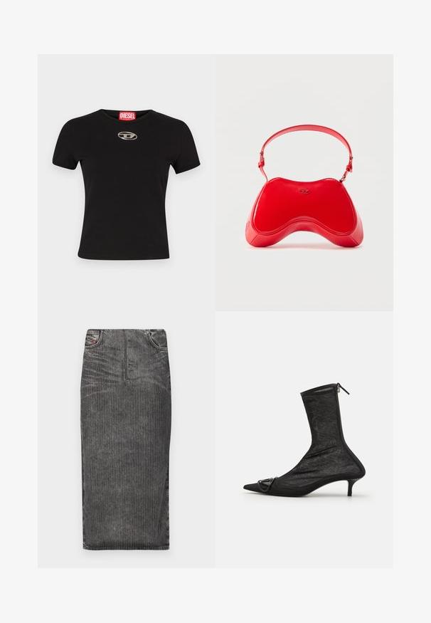 Sort kortærmet t-shirt lavet af bomuld, med en rund halsudskæring og en metallisk oval logoaccent på forsiden.; Grå denim midi-skjørt med vertikale striber, med høj talje, fem lomme-design og en ren kant.; Sorte mesh ankelstøvler med spidse tæer, lynlås og en lille hæl. Har en dekorativ spændeaccent nær tåområdet.; Rød taske i laklæder med en buet, ergonomisk form, der har en tynd justerbar rem og en diskret logodetalje foran.