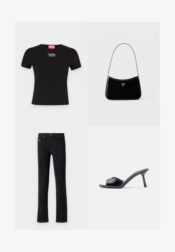 Sort kortærmet t-shirt lavet af bomuld, med en rund halsudskæring og en metallisk oval logoaccent på forsiden.; Sort denim jeans med lige snit, som har fem lommer og subtile syninger. Stoffet har en glat tekstur og minimal falmen.; Sorte laklæder sandaletter med åben tå, der har et buet overdesign og en spids stilethæl. Glat, blank finish.; Sort skuldertaske i laklæder med tynd rem, trekantet Guess-logo foran og lynlåslukning i toppen.