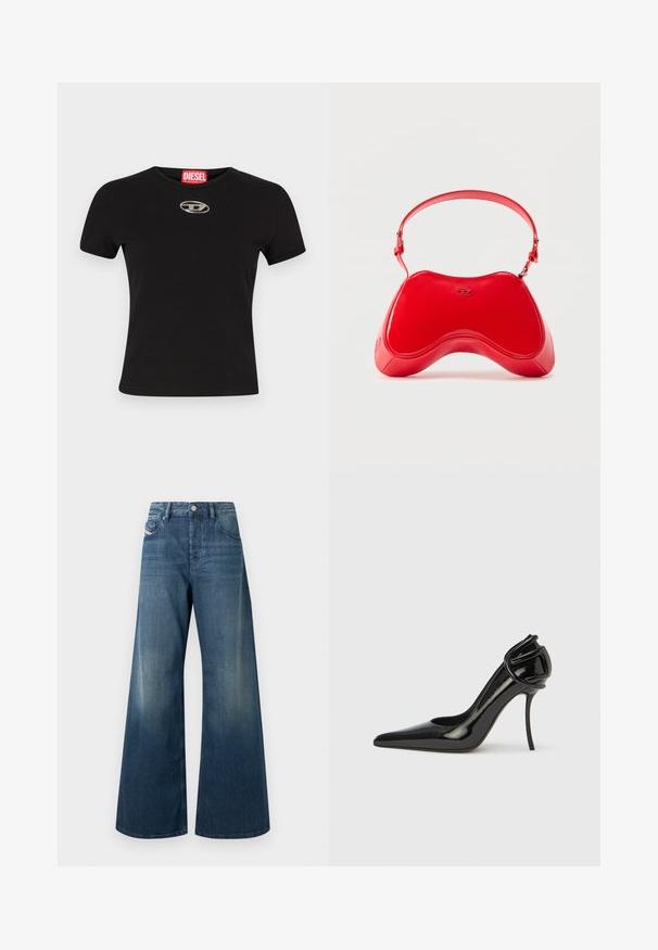 Sort kortærmet t-shirt lavet af bomuld, med en rund halsudskæring og en metallisk oval logoaccent på forsiden.; Vidbenede jeans i mørkeblå denim med en falmet finish, traditionelt design med fem lommer og en metal knaplukning i taljen.; Sort laklædersko med høj hæl, spids tå og åben hæl. Har en unik buet detalje ved hælen. Slank og glansfuld finish.; Rød taske i laklæder med en buet, ergonomisk form, der har en tynd justerbar rem og en diskret logodetalje foran.