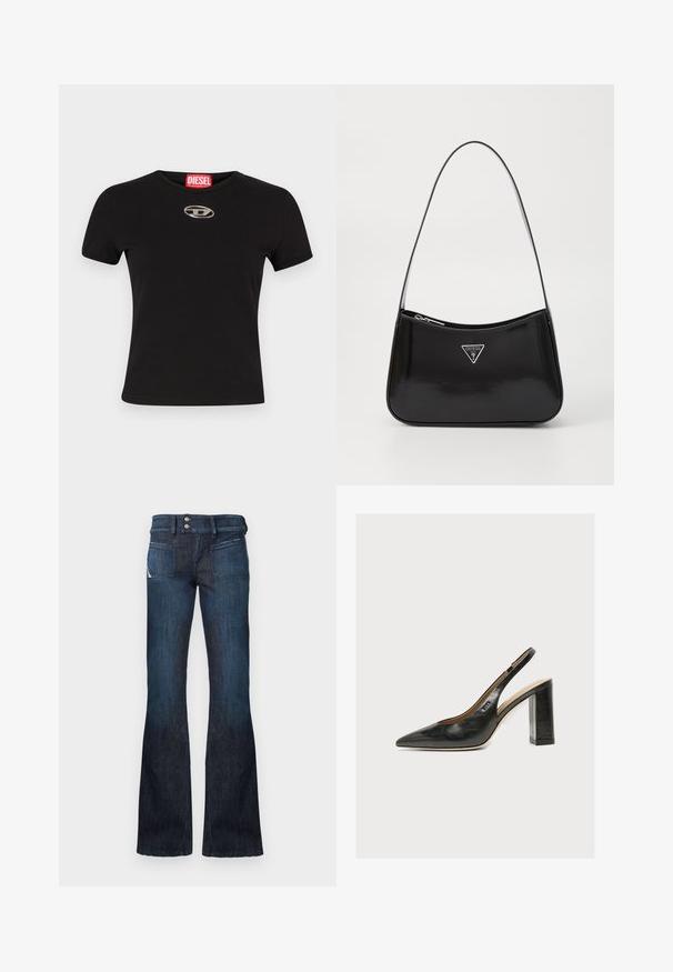 Sort kortærmet t-shirt lavet af bomuld, med en rund halsudskæring og en metallisk oval logoaccent på forsiden.; Mørkeblå denim jeans med høj talje, dobbelt knaplukning, forreste stiklommer og udvidede ben.; Sort læder kvindesko med slingback, spids tå og tyk blokhøj hæl på hvid baggrund.; Sort patenteret læder skuldertaske med en buet form, prydet med et sølvfarvet trekantet logo og en lynlås-lukning. Glat tekstur og slank rem.