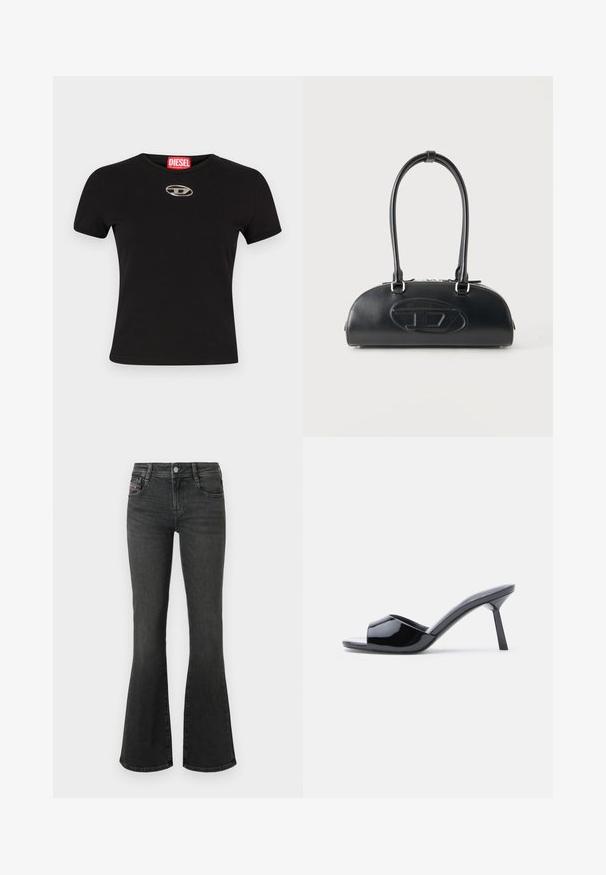 Schwarzes kurzärmeliges T-Shirt aus Baumwolle mit Rundhalsausschnitt und einem metallischen ovalen Logoakzent auf der Vorderseite.; Schwarze, ausgestellte Jeans aus Denim mit mittelhohem Bund, Fünf-Taschen-Design und Ziernähten an den Taschen. Glatte Textur mit leichtem Glanz.; Schwarze Sandalen mit Absatz aus Lackleder, offenem Zehenbereich, mit geschwungenem Obermaterial und spitz zulaufendem Stilettoabsatz. Glatte, glänzende Oberfläche.; Schwarze Lederhandtasche mit langen doppelten Griffen und geprägtem ovalem Logo auf der Vorderseite, vor einem schlichten hellen Hintergrund gezeigt.
