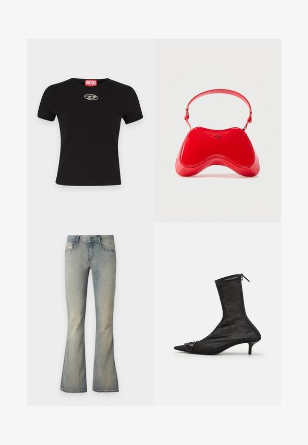 Sort kortærmet t-shirt lavet af bomuld, med en rund halsudskæring og en metallisk oval logoaccent på forsiden.; Lys blå denim flared jeans med en mid-rise talje, subtilt slid og standard fem-lomme design. Har en front knaplukning.; Sorte mesh ankelstøvler med spidse tæer, lynlås og en lille hæl. Har en dekorativ spændeaccent nær tåområdet.; Rød taske i laklæder med en buet, ergonomisk form, der har en tynd justerbar rem og en diskret logodetalje foran.