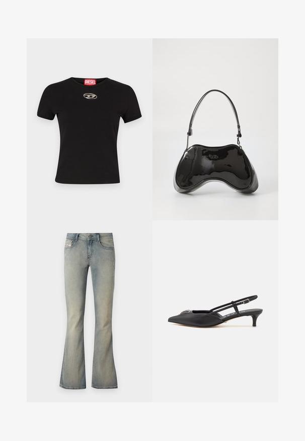 Sort kortærmet t-shirt lavet af bomuld, med en rund halsudskæring og en metallisk oval logoaccent på forsiden.; Lys blå denim flared jeans med en mid-rise talje, subtilt slid og standard fem-lomme design. Har en front knaplukning.; Sorte slingback-sko med spids tå, lavet af glat materiale, med en lille hæl og en dekorativ sølvaccent på vamps.; Sort patentlæder håndtaske med en unik buet form, kort justerbar hank og en lynlåslukning i toppen. Glat tekstur med diskret branding.