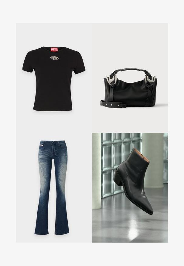 Schwarzes kurzärmeliges T-Shirt aus Baumwolle mit Rundhalsausschnitt und einem metallischen ovalen Logoakzent auf der Vorderseite.; Ausgestellte Jeans aus Denim mit einer dunkelblauen Waschung und hellerem Verblassen, strukturierten Oberflächen und einem Reißverschluss. Fünf-Taschen-Design mit Markenlabel.; Schwarzer Leder-Stiefelette mit spitzer Schuhspitze und Blockabsatz, der über einem reflektierenden grauen Boden nahe einer Glassteinwand schwebt.; Schwarze Handtasche mit silbernen Schnallendetails, kurzem Griff und abnehmbarem Schultergurt auf einer weißen Oberfläche platziert.