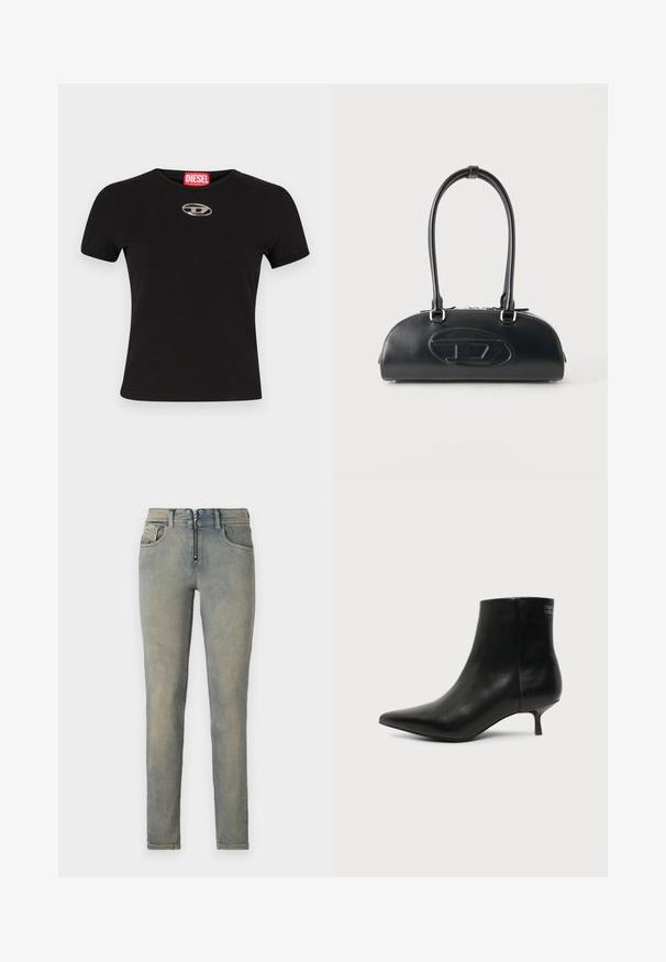Zwart kortekorte mouw t-shirt van katoen, met een ronde halslijn en een metalen ovale logoaccent op de voorkant.; Skinny jeans in lichtblauwe denim, met een rits aan de voorkant, vijf zakken en een vervaagde wassingen met subtiele kleurvariaties.; Zwart leren enkellaars met puntige neus en lage kittenhak op lichte achtergrond, zijaanzicht buitenkant.; Zwarte leren handtas met lange dubbele handvatten en een reliëflogo in ovale vorm aan de voorkant, getoond tegen een effen lichte achtergrond.