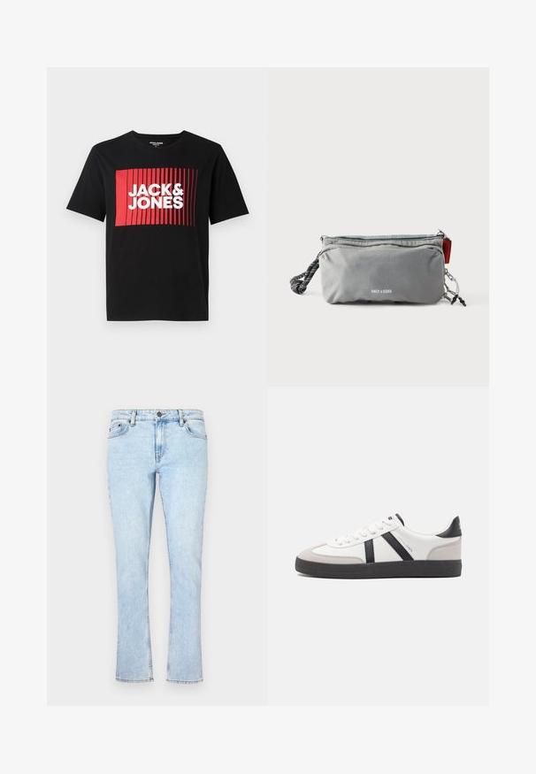 Sort t-shirt med korte ærmer, der har et rødt rektangulært grafisk design med lodrette linjer og teksten "JACK & JONES" i hvid.; Lysblå denimjeans med lige ben, der har en knaplukning, fem lommer og diskret falmning for tekstur.; Hvide sneakers med sorte og grå detaljer, med en tekstureret grå tåhætte, sort gummisål og flade hvide snørebånd. Rent design, minimalistisk stil.; Grå rektangulær pung med lynlåse, sort-hvidt tovshåndtag på den ene side og teksten "ONLY & SONS" foran i centrum.