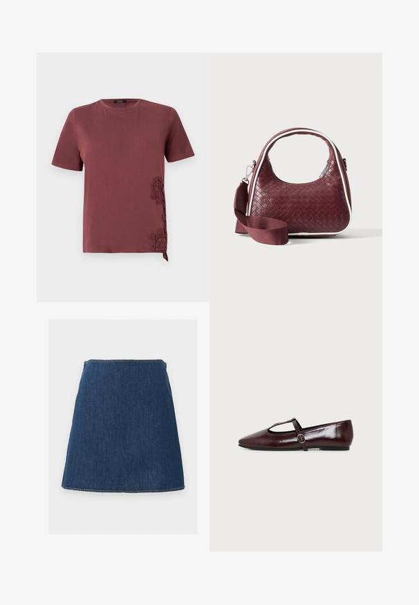 T-shirt bordeaux en tissu doux, avec des manches courtes et des détails en dentelle élaborés sur le côté, agrémenté d'un accent noué au bas.; Mini-jupe en denim bleu foncé avec une forme simple en ligne A et des coutures visibles le long de l'ourlet et de la taille.; Chaussure plate en cuir bordeaux foncé avec un bout pointu et une fine bride en T avec une boucle argentée sur fond blanc.; Sac à main en cuir tressé marron foncé avec poignée courbée, garniture blanche, fermeture éclair argentée et bandoulière large en tissu amovible sur fond uni.