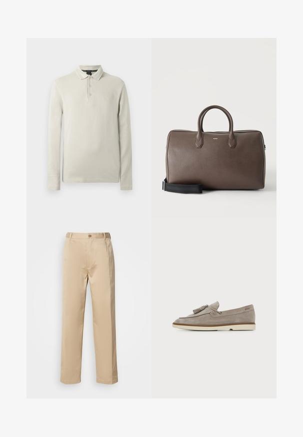 Polo à manches longues de couleur beige clair, confectionné dans un tissu doux. Comprend un col, une patte de boutonnage à trois boutons et une broderie discrète du logo sur la poitrine.; Pantalons beiges en tissu léger, avec une coupe droite, une taille avec passants de ceinture et une fermeture à bouton sur le devant.; Mocassin homme en daim marron clair avec détail pompon et semelle en caoutchouc crème, vue de côté sur fond uni.; Sac de sport en cuir marron avec deux poignées, une bandoulière noire réglable et un petit logo "BOSS" au centre à l'avant.