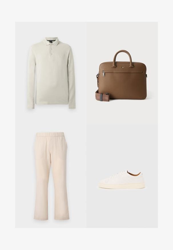 Polo à manches longues de couleur beige clair, confectionné dans un tissu doux. Comprend un col, une patte de boutonnage à trois boutons et une broderie discrète du logo sur la poitrine.; Pantalons évasés beiges avec une taille élastique, deux poches avant et une texture en coton lisse. Pas de motifs ou de matériel visibles.; Baskets blanches basses avec un design à lacets, des détails de couture minimalistes, et une semelle couleur crème sur un fond gris clair.; Mallette en cuir marron avec poignées supérieures, poche avant zippée et bandoulière assortie amovible sur fond blanc.