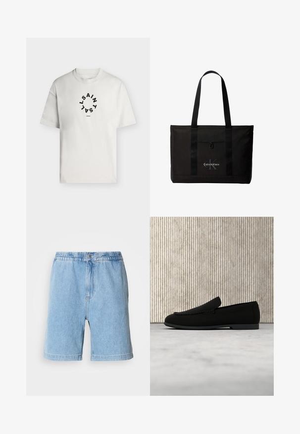 Wit T-shirt met korte mouwen en een ronde hals, met zwarte cirkelvormige tekst met de woorden "SAINT LAINT" en onder de cirkel "LONDON".; Lichtblauwe denim shorts met een elastische tailleband, sluiting met knoop aan de voorkant, zijzakken en een recht gesneden ontwerp. Middelmatige dijlengte.; Zwart instap loafer schoen zwevend boven lichte vloerbedekking met een gebogen amberbruine moderne tafel op de achtergrond.; Zwarte Calvin Klein totebag met twee lange handvatten en een voorvak, met het logo van het merk in wit en grijs.