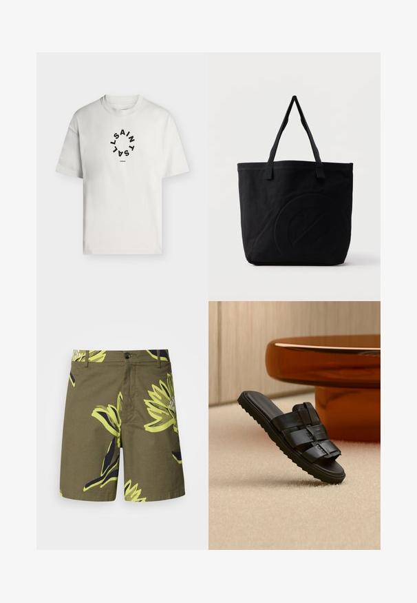 Hvid T-shirt med korte ærmer og rund halsudskæring med sort cirkulær tekst, der staver "SAINT LAINT" og "LONDON" under cirklen.; Oliven grønne shorts med et stort gult og marineblåt blomstermønster, lavet af letvægtsstof med knaplukning og sidelommer.; Sort læder slid-sandal med brede remme og riller i sålen på beige tæppe nær brunt rundt sofabord.; Sort canvas-tote-taske med to skulderstropper og et diskret præget cirkeldesign på fronten.