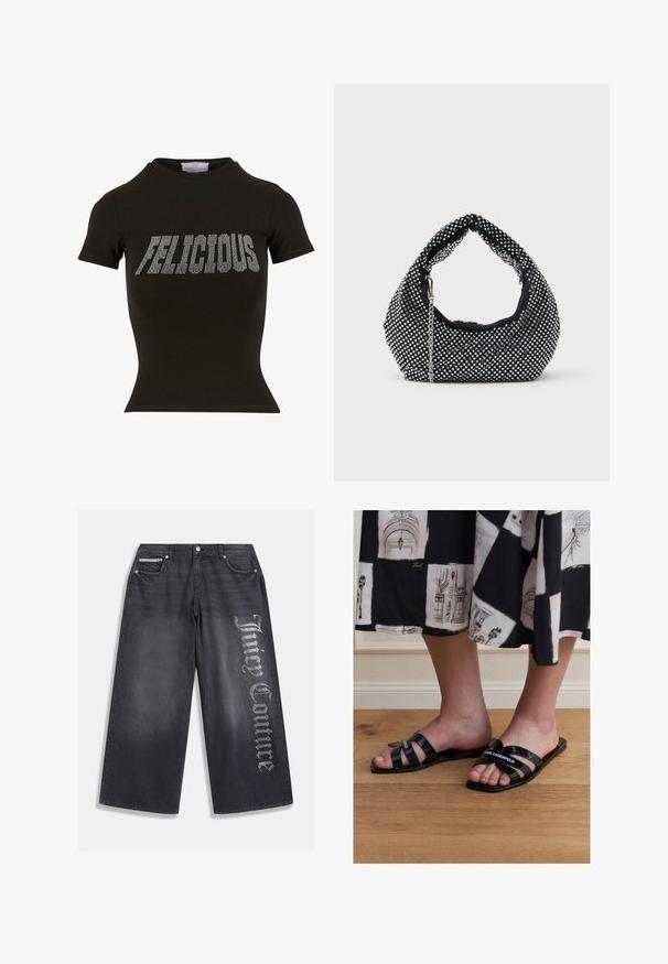 Zwarte korteklassige t-shirt van katoen, met een aansluitend ontwerp en zilverkleurige strass-letters die "FELICIOUS" op de voorkant spellen.; Zwarte denim jeans met wijde pijpen en een vervaagde textuur, met een rhinestone "Juicy Couture" logo op het linkerbeen en zilverkleurige hardware.; Persoon die zwarte Karl Lagerfeld slip-on sandalen met meerdere bandjes draagt, staand op een houten vloer, rok met zwart-witte architecturale prints.; Zwarte mesh handtas versierd met zilveren studs, met een gebogen handvat en een kettingschouderriem. Zachte textuur met een ronde vorm.