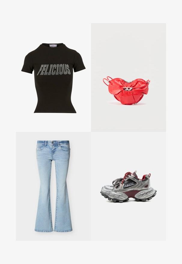 Zwarte korteklassige t-shirt van katoen, met een aansluitend ontwerp en zilverkleurige strass-letters die "FELICIOUS" op de voorkant spellen.; Lichtblauwe spijkerbroeken met een hoge taille en uitlopende wijde pijpen, voorzien van voorzakken en een knoopsluiting.; Zilveren en bordeauxrode sneaker met een dikke getextureerde zool, rode veters, zwarte mesh panelen en "KOI"-branding aan de zijkant.; Rode leren handtas in hartvorm, met plooien, een zilveren rits en een opvallend metalen logo aan de voorkant.