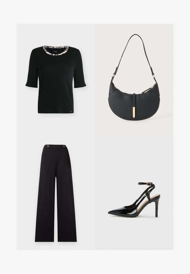 Chemise noire à manches courtes avec un col rond présentant une bordure imprimée animal beige et noire, affichée sur fond blanc.; Pantalon noir à jambes larges avec une taille haute, doté de deux boutons marron et d'un tissu lisse et texturé. Sans motifs ni accents supplémentaires.; Escarpin en cuir verni noir à talon haut, avec un bout pointu, une bride réglable à la cheville et des côtés ouverts. Texture lisse.; Sac à main noir en forme de croissant avec une bandoulière unique, une fermeture éclair dorée et une languette décorative rectangulaire dorée à l'avant.