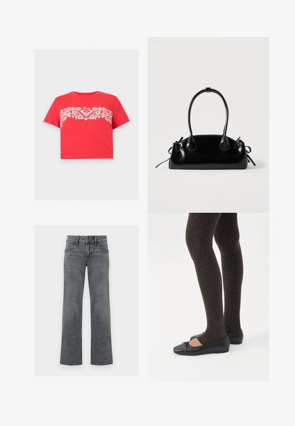 T-shirt rouge court avec bande florale blanche sur la poitrine et logo "Roxy" centré au-dessus du motif floral.; Jeans en denim gris à jambe droite avec bouton frontal, fermeture éclair et cinq poches, présentés sur un fond blanc.; Jambes portant des leggings côtelés foncés associés à des ballerines noires avec de petits détails en nœud sur fond blanc.; Petit sac à main noir brillant avec deux longues anses et des détails à cordon sur les côtés sur un fond clair uni.