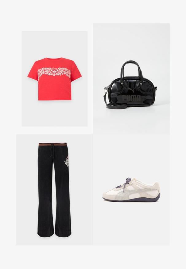 T-shirt rouge court avec bande florale blanche sur la poitrine et logo "Roxy" centré au-dessus du motif floral.; Pantalon noir à jambes larges avec une ceinture rayée marron et rose, cordon de serrage et broderie florale blanche sur la hanche droite.; Baskets basses blanches et beiges avec lacets et semelle gris foncé, détails en daim, et un design lisse et courbé sur fond uni.; Sac à main en cuir verni noir avec des poignées supérieures doubles, une bandoulière amovible, une forme arrondie et un logo "PUMA" en relief bien visible.