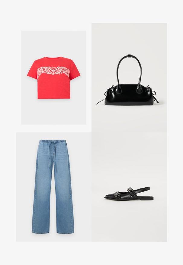 T-shirt rouge court avec bande florale blanche sur la poitrine et logo "Roxy" centré au-dessus du motif floral.; Jean large bleu clair en denim, doté d'une taille élastique et d'un cordon de serrage. Le design offre une coupe décontractée au niveau des jambes.; Even&Odd by Zalando Ballerines à brides arrière - black; Petit sac à main noir brillant avec deux longues anses et des détails à cordon sur les côtés sur un fond clair uni.