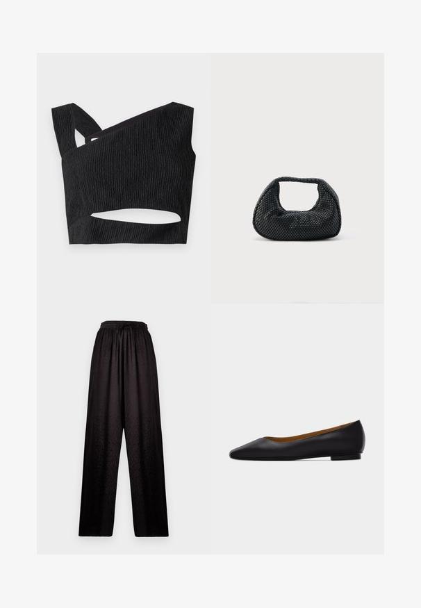 Top court noir en tissu texturé, décolleté asymétrique et détail découpé à la taille. Équipé de larges bretelles et d'un design ajusté.; Pantalons larges noirs avec taille élastique et texture léopard subtile, présentant un cordon de serrage à l'avant.; Chaussure plate en cuir noir à bout pointu avec talon bas et finition lisse, vue de côté sur un fond gris clair.; Sac hobo tissé noir avec une structure souple et une poignée intégrée, présenté sur un fond clair uni.