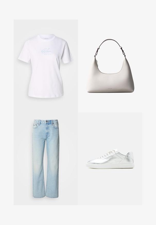 Weißes Baumwoll-T-Shirt mit kurzen Ärmeln, das im zentralen Brustbereich ein hellblaues "Calvin Klein"-Logo und eine Grafik zeigt.; Helle blaue weit geschnittene Jeans aus Denim, mit einem klassischen Fünf-Taschen-Design und einer dezenten, gewaschenen Textur. Die Denim-Nähte sind sichtbar.; Niedriger Sneaker in metallischem Silber mit weißer Sohle und Schnürsenkeln, glatter Struktur und dezent geprägtem Branding an der Seite.; Cremefarbene Calvin Klein Lederschultertasche mit gebogener Oberkante, silbernem Reißverschluss und dunkelbraunem verstellbarem Riemen.