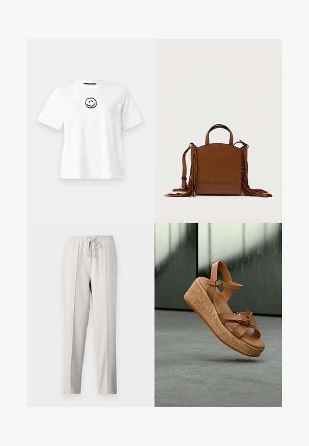 T-shirt en coton blanc avec des manches courtes, un col rond et un smiley noir brodé au centre. Texture lisse.; Pantalons de jogging gris clair avec une taille élastique, un cordon de serrage et des coutures latérales. Confectionnés en tissu lisse pour un ajustement décontracté.; Sandale compensée en cuir marron avec plateforme en liège, bride de cheville avec boucle, et détail de boucle dorée sur les brides avant, présentée sur un fond flou.; Sac à main en cuir brun avec une silhouette en forme d'arc, des franges sur un côté et un logo perforé à l'avant. Comprend une bandoulière.