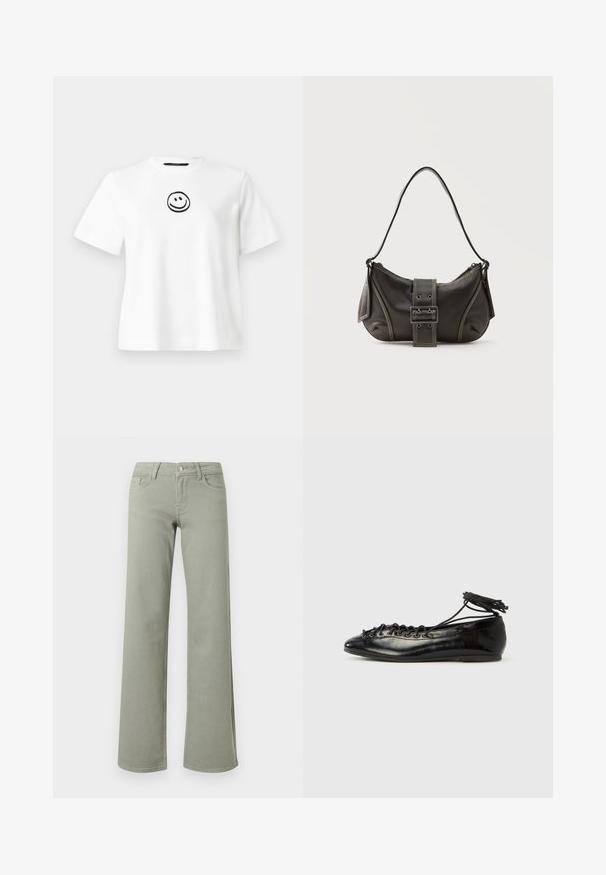 T-shirt en coton blanc avec des manches courtes, un col rond et un smiley noir brodé au centre. Texture lisse.; Pantalon droit taille haute vert clair avec ceinture, bouton, fermeture éclair, et poches avant et arrière sur fond blanc.; Ballerines en cuir verni noir avec un bout rond, un design à lacets et une semelle plate. Texture lisse avec peu de détails.; Sac à épaule en cuir noir avec une sangle à boucle, des bords arrondis et des coutures blanches contrastées sur un fond uni.