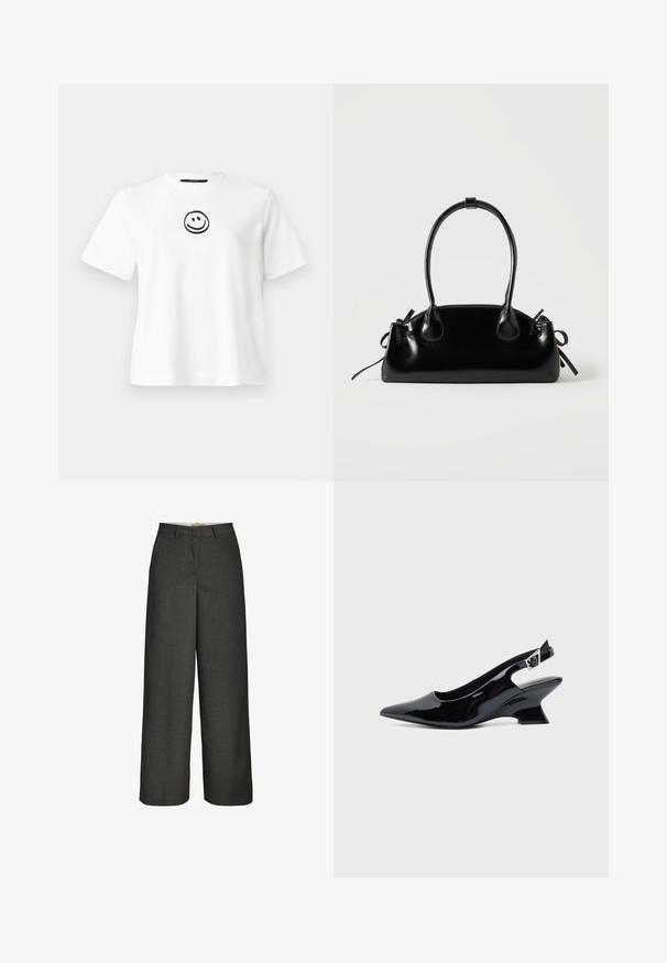 T-shirt en coton blanc avec des manches courtes, un col rond et un smiley noir brodé au centre. Texture lisse.; Pantalon gris foncé à jambes larges avec passants de ceinture et fermeture éclair frontale, présenté sur un fond blanc.; Chaussure slingback en cuir verni noir avec bout pointu et petit talon bloc incliné sur fond clair uni.; Petit sac à main noir brillant avec deux longues anses et des détails à cordon sur les côtés sur un fond clair uni.