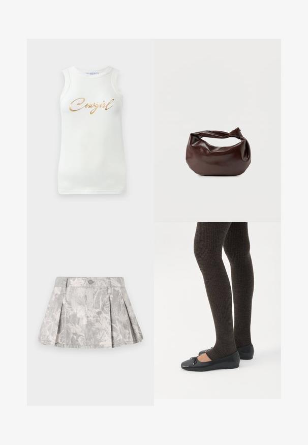 Witte mouwloze geribbelde tanktop met gouden metallic tekst "Cowgirl" op de borst, weergegeven op een effen achtergrond.; Grijze denim rok met plooien, voorzien van een subtiel bladerenpatroon in lichtere tinten. Klassieke snit met een tailleband en sluiting met metalen knoop.; Benen met donkere geribbelde leggings gecombineerd met zwarte ballerina's met kleine strikdetails op een witte achtergrond.; Donkerbruine leren schoudertas met een zachte, slungelige vorm en een gedraaide knoopvormige handgreep op een effen witte achtergrond.