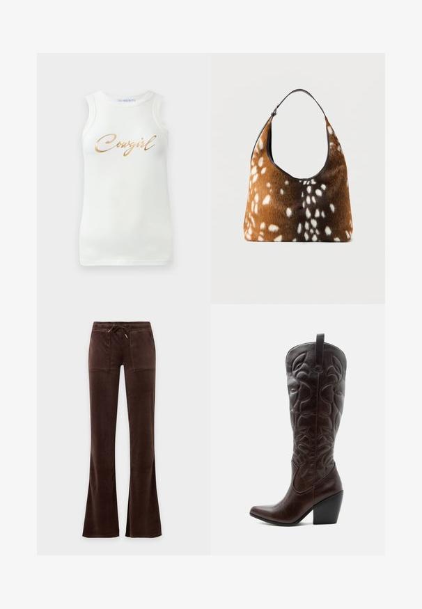 Valge ilma varrukateta ribane tank top, millel on kuldne metalliline kiri "Cowgirl" rinna peal, esitletud ühetoonilisel taustal.; Tumepruunid sametpüksid, millel on nööriga vöökoht, kaks esimest plaastritaskut ja veidi lehvikujulised sääred ühtlase tausta ees.; Kõrge tumepruun nahast kauboi saabas, millel on õmmeldud dekoratiivsed mustrid, terava varbaosaga ja kuhjatud plokk-kontsaga.; Pruuni ja musta käekott valge laikudega karusnahast tekstuuriga ja ühe musta õlarihmaga ühevärvilisel taustal.