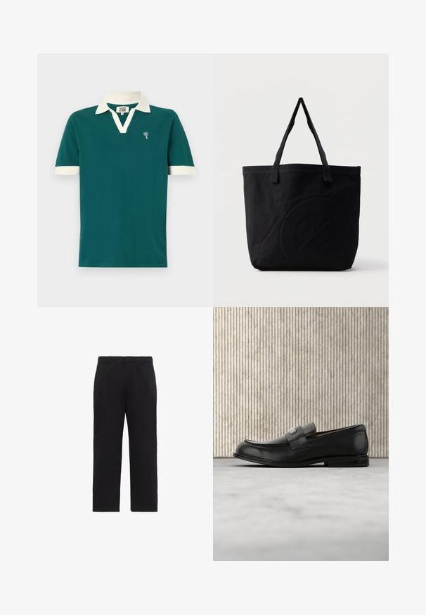 Tee-Polohemd in Türkis mit weißem Kragen und Akzenten an den Ärmeln. Verfügt über ein V-Ausschnitt-Design und ein kleines dekoratives Emblem auf der linken Brust.; Schwarze Hose mit geradem Bein, Gürtelschlaufen, Reißverschluss vorne und Seitentaschen, auf weißem Hintergrund abgebildet.; Schwarzer Lederloafer mit einer Metallmarkenplatte, der nahe einem braunen runden Tisch auf beigem Teppichboden ruht.; Schwarze Canvas-Shopper-Tasche mit zwei Schulterriemen und einem dezenten, eingeprägten kreisförmigen Design auf der Vorderseite.