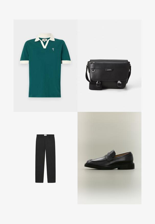 Polo de color teal con cuello y acentos en las mangas en blanco. Presenta un diseño de cuello en V y un pequeño emblema decorativo en el lado izquierdo del pecho.; Pantalones negros con un diseño de pierna recta, hechos de una tela de textura suave, que cuentan con dos bolsillos frontales y una cinturilla estándar.; Mocasín de hombre de cuero negro con tacón bajo y detalle de correa en la parte superior, mostrado de perfil sobre un fondo neutro.; Bolso mensajero Lacoste negro texturizado con correa ajustable, tapa frontal, bolsillo con cremallera y cierres de hebilla metálica.