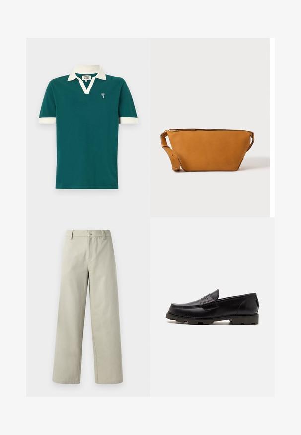 Teal polo skjorte med hvid krave og ærmeaccentuer. Har et v-hals design og et lille dekorativt emblem på venstre bryst.; Han Kjøbenhavn WIDE LEG - Bukser - light grey; Sorte læder loafers med rund tå, dekorativ syning og en tekstureret ydersål for bedre greb. Let hævet hæl.; Lys brun læder crossbody taske med justerbar rem og lynlås, vist mod en ensartet lys baggrund.