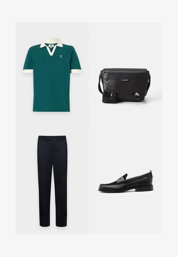 Tee-Polohemd in Türkis mit weißem Kragen und Akzenten an den Ärmeln. Verfügt über ein V-Ausschnitt-Design und ein kleines dekoratives Emblem auf der linken Brust.; Schwarze Hose mit maßgeschneidertem Schnitt. Verfügt über eine glatte Textur, Gürtelschlaufen und offene Fronttaschen. Gerades Bein Design.; Schwarzer Lederloafer mit grauem Riemendetail, niedrigem Absatz und strukturierter Sohle, seitlich mit „HUGO“ in Gold gebrandmarkt.; Schwarze, strukturierte Lacoste-Umhängetasche mit verstellbarem Tragegurt, Frontklappe, Reißverschlusstasche und Metallschnallen.