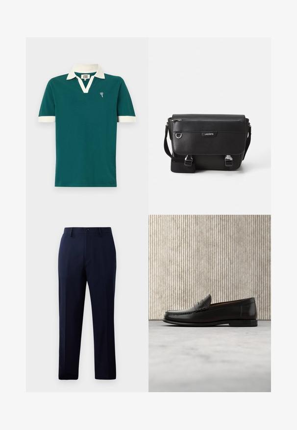 Teal polo skjorte med hvid krave og ærmeaccentuer. Har et v-hals design og et lille dekorativt emblem på venstre bryst.; Marinebukser lavet af glat stof, der har et klassisk lige ben-design, forlommer og en knaplukning i livet.; Sort læder penny loafer med lav hæl, rundet tå og syningsdetaljer langs fronten og siderne, vist på neutral baggrund.; Sort tekstureret Lacoste messengertaske med justerbar rem, frontklap, lynlås lomme og metalspænder.