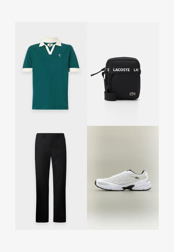 Teal polo skjorte med hvid krave og ærmeaccentuer. Har et v-hals design og et lille dekorativt emblem på venstre bryst.; Sorte skræddersyede bukser med lige ben-design, lavet af glat stof. Funktioner inkluderer en flad front og mid-rise talje.; Hvide atletiske sko med tekstureret mesh-overdel, buet design og kontrasterende sort ydersål. Har en grøn broderet logo på siden.; Sort stof crossbody tas med en hvid LACOSTE logo rem, lynlås lukning i toppen og et grønt broderet krokodillelogo på forsiden.