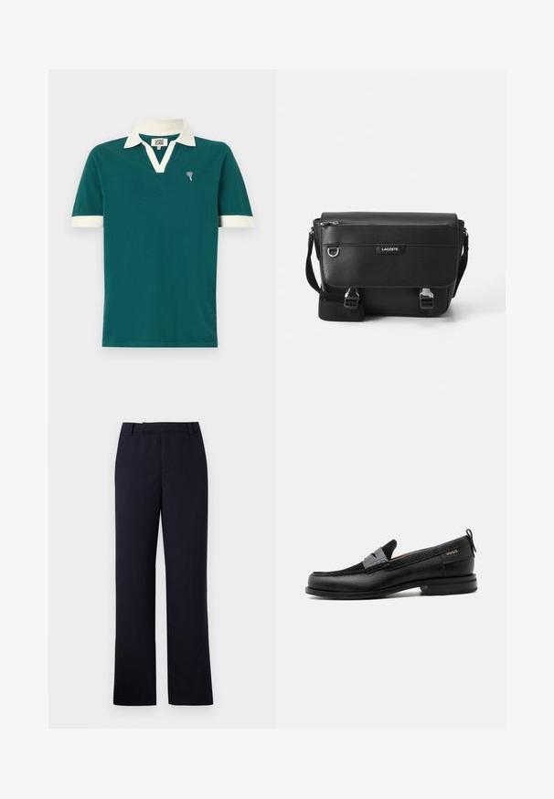 Tumesinine polo-särk valge krae ja käiste aksentidega. Omab V-kaeluse disaini ja väikest dekoratiivset emblemia vasakul rinnal.; Libertine-Libertine DECADE TAILORED - Püksid - navy; Must nahast loafer halli rihma detailiga, madala kand ja tekstuurse tallaga, külgedel kuldse "HUGO" brändiga.; Musta tekstuuriga Lacoste sõnumikott, millel on reguleeritav rihm, esiklapiga, tõmblukuga tasku ja metallist pandlad.