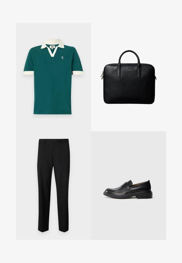Tee-Polohemd in Türkis mit weißem Kragen und Akzenten an den Ärmeln. Verfügt über ein V-Ausschnitt-Design und ein kleines dekoratives Emblem auf der linken Brust.; Schwarze maßgeschneiderte Hose mit flachem Frontschnitt, normaler Taille und geraden Beinen. Hergestellt aus glattem Material, mit einem einzelnen Knopfverschluss.; Schwarze Leder-Pantoletten mit niedrigem Absatz und dezentem Calvin Klein-Logo an der Seite, im Profil vor einem weißen Hintergrund dargestellt.; Schwarze strukturierte Lederaktentasche mit zwei Griffen und silbernen Reißverschlussanhängern, zentriert auf weißem Hintergrund.