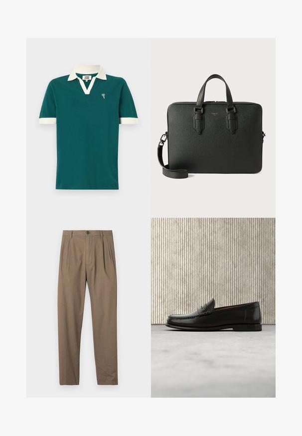 Polo de color teal con cuello y acentos en las mangas en blanco. Presenta un diseño de cuello en V y un pequeño emblema decorativo en el lado izquierdo del pecho.; Pantalones marrones con pliegues, confeccionados en una tela suave, con cierre frontal de cremallera y botón, diseño de pierna recta y textura lisa.; Mocasín penny de cuero negro con tacón bajo, punta redondeada y detalles cosidos en la parte delantera y los laterales, mostrado sobre un fondo neutro.; Maletín de cuero negro con superficie texturizada, dos mangos superiores, correa de hombro desmontable y sutil detalle de logo. Diseño rectangular y elegante.