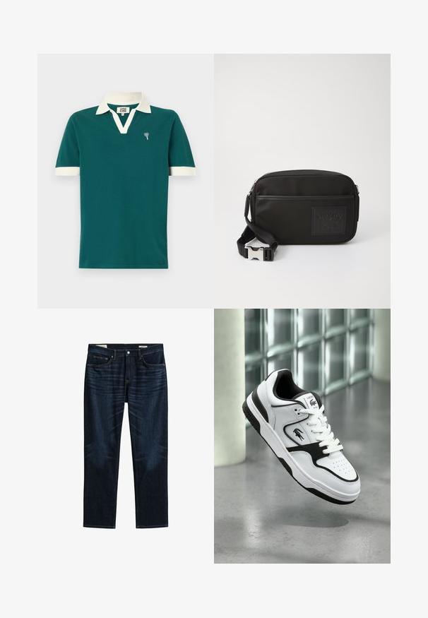 Teal poloshirt met een witte kraag en accenten op de mouwen. Heeft een v-halsontwerp en een klein decoratief embleem op de linkerborst.; Donkerblauwe jeans met rechte pijpen, voor- en achterzakken, knoopsluiting en subtiele 'whiskering'-details op de dijen.; Witte en zwarte Lacoste sneakers met veters, geperforeerde neus en logo aan de zijkant en op de tong, zwevend boven een grijze vloer.; Zwarte nylon schoudertas met een gestructureerd logo-embleem, ritsluiting en een verstelbare schouderband met een zilverkleurige sluiting.